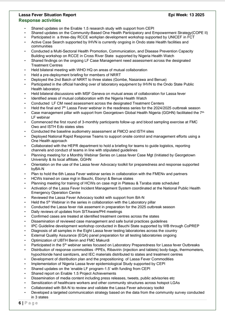 Lassa Fever: Week 13 Situation Report - '14 deaths reported across 34 states'