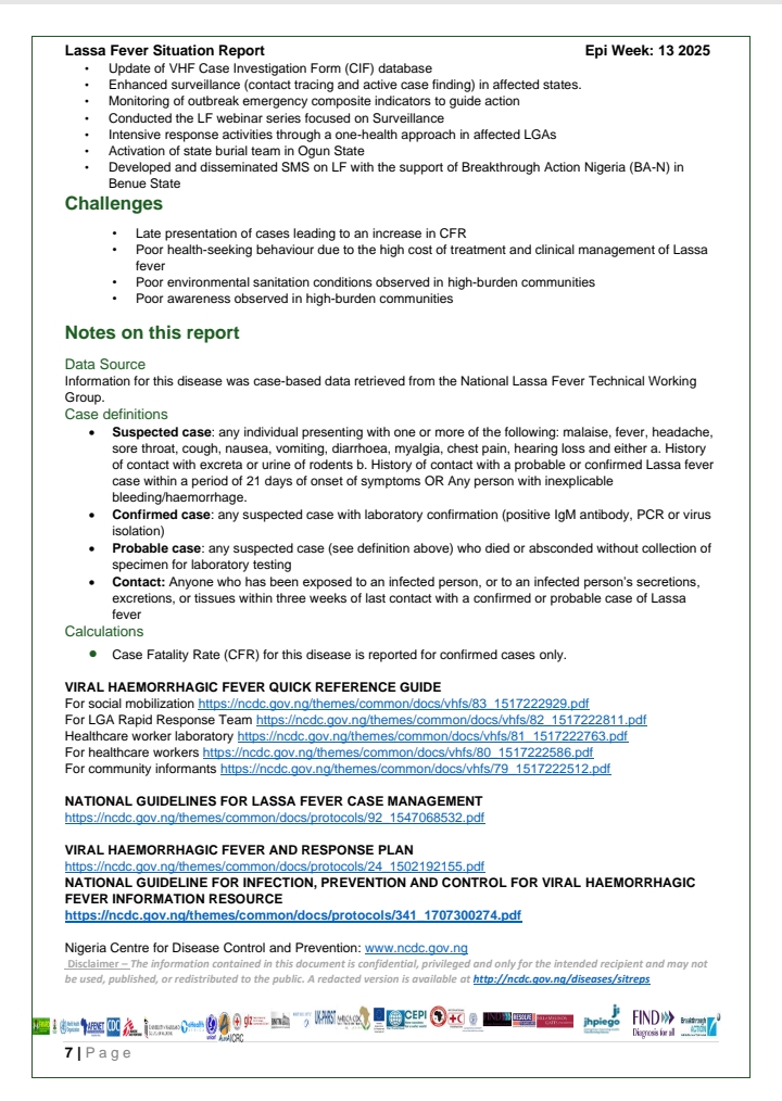 Lassa Fever: Week 13 Situation Report - '14 deaths reported across 34 states'
