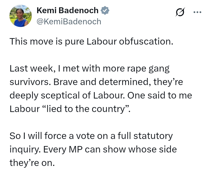 United Kingdom: Kemi Badenoch meets with more r*pe gang survivors, set to force a vote on a full statutory inquiry