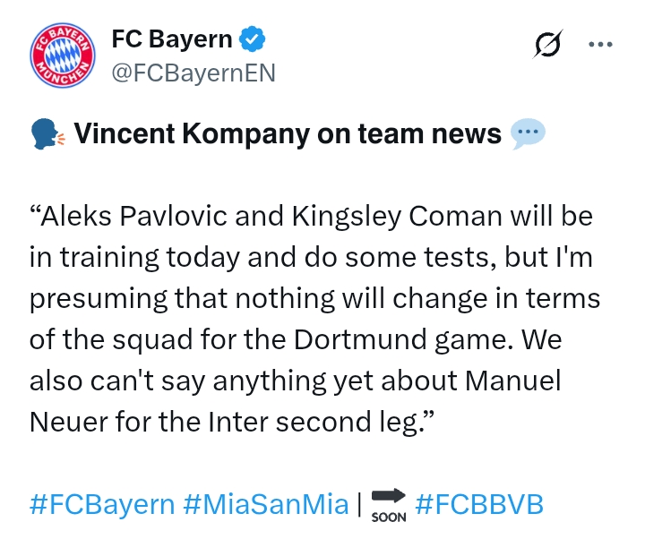 Bundesliga 2024/25: Bayern Munich V Dortmund - 'The fact it's #DerKlassiker is an extra ingredient' - Kompany