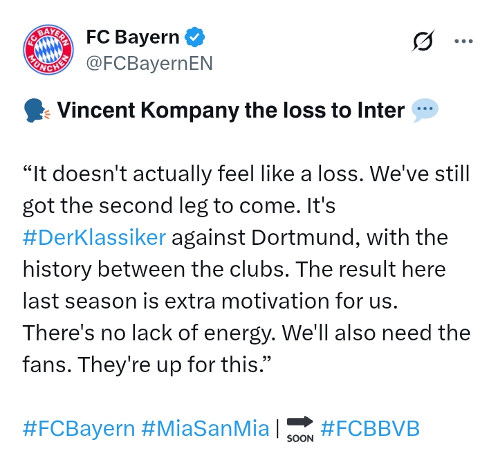 Bundesliga 2024/25: Bayern Munich V Dortmund - 'The fact it's #DerKlassiker is an extra ingredient' - Kompany
