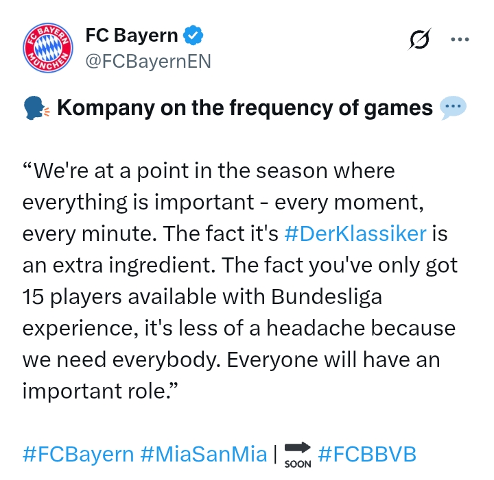 Bundesliga 2024/25: Bayern Munich V Dortmund - 'The fact it's #DerKlassiker is an extra ingredient' - Kompany