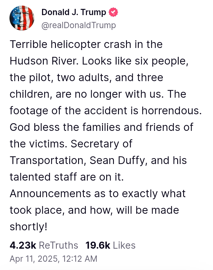 Helicopter Crash In Hudson River: 'Terrible and horrendous' - President Trump