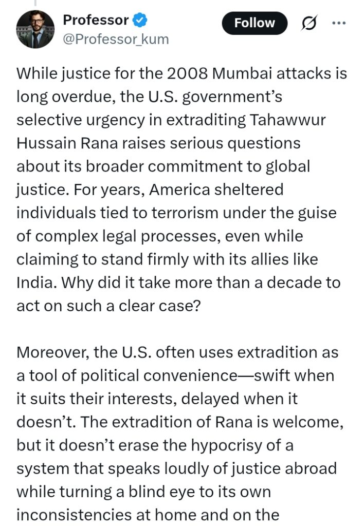 US extradites Tahawwur Hussain Rana to India 'to face charges for his role in planning the horrific 2008 Mumbai terr*rist attacks'