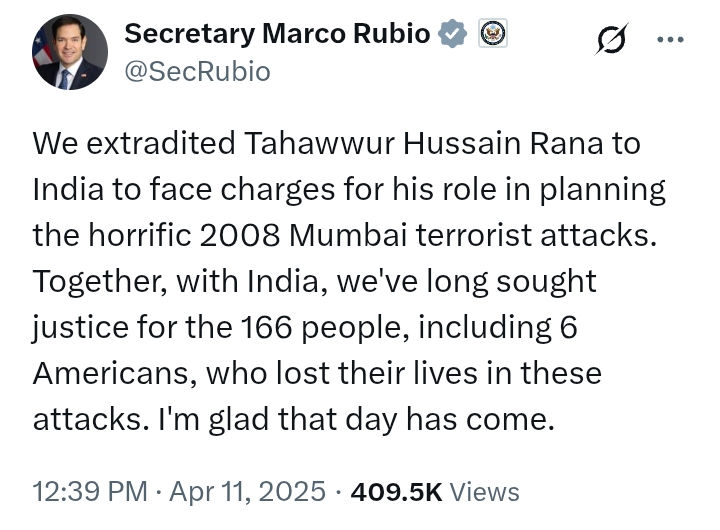 US extradites Tahawwur Hussain Rana to India 'to face charges for his role in planning the horrific 2008 Mumbai terr*rist attacks'