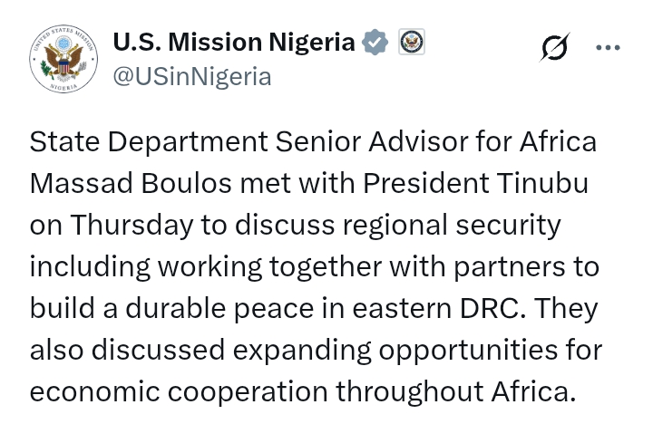 President Tinubu meets US State Department Senior Advisor, Massad Boulos