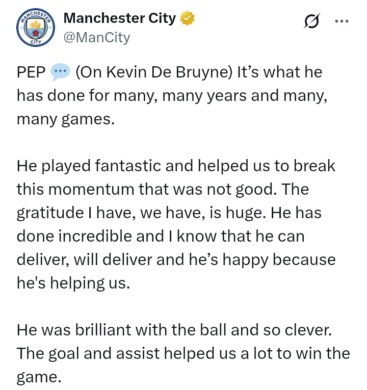 Premier League 2024/25: Manchester City 5-2 Crystal Palace - 'De Bruyne was brilliant and incredible' - Guardiola