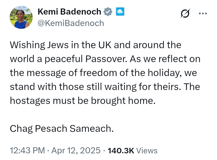 Passover 2025: 'The hostages must be brought home' - Kemi Badenoch