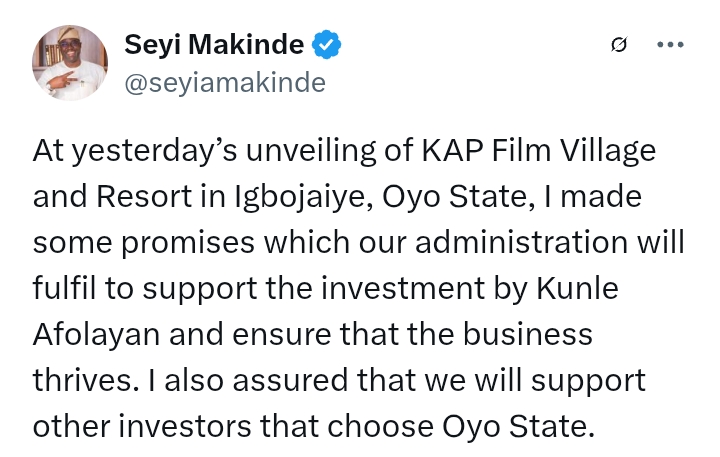 Oyo State: Governor Makinde unveils KAP Film Village and Resort in Igbojaiye