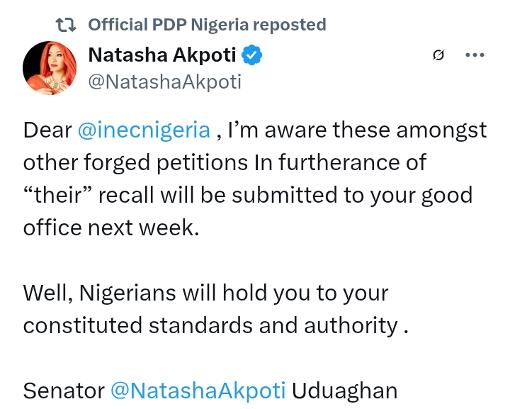 Akpabio V Natasha: Sen Natasha writes INEC on 'forged petitions In furtherance of “their” recall'