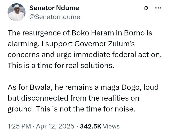 Heated Convo between Senator Ali Ndume and Bwala over 'resurgence of B*ko H*ram in Borno'