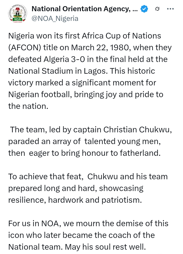 Christian Chukwu Passes At 74: He led Nigeria to its first AFCON title in 1980 - NOA