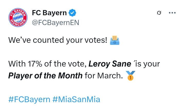 Bayern Munich: Leroy Sane is POTM for March
