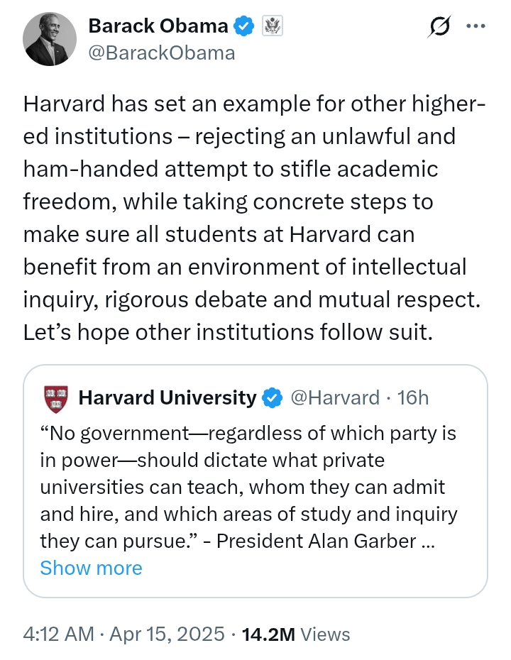 'Harvard has set an example rejecting an unlawful attempt to stifle academic freedom' - Obama hails Harvard after response to FG
