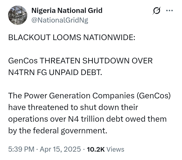 Blackout Looms Nationwide as GenCos threaten shutdown over ₦4trn FG unpaid debt