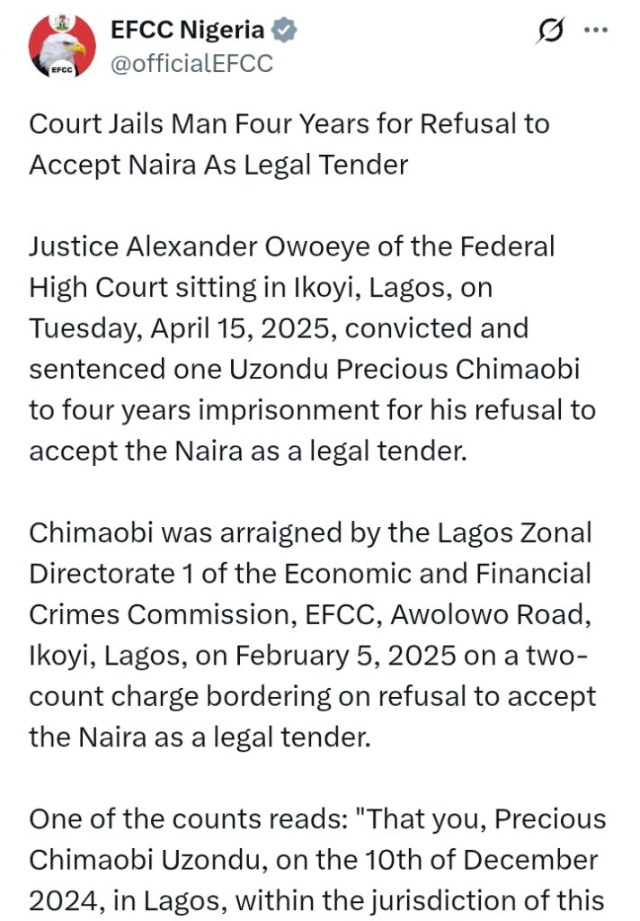 Court jails man for refusal to accept Naira as legal tender
