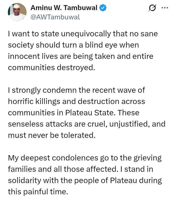 K*llings In Plateau State: 'The Federal Government must live up to its primary responsibility of protecting lives and property' - Tambuwal