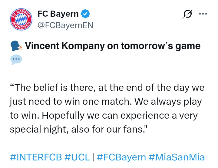 Uefa Champions League 2024/25: Inter V Bayern Munich - 'The most important thing is that we deliver our best performance' - Kompany