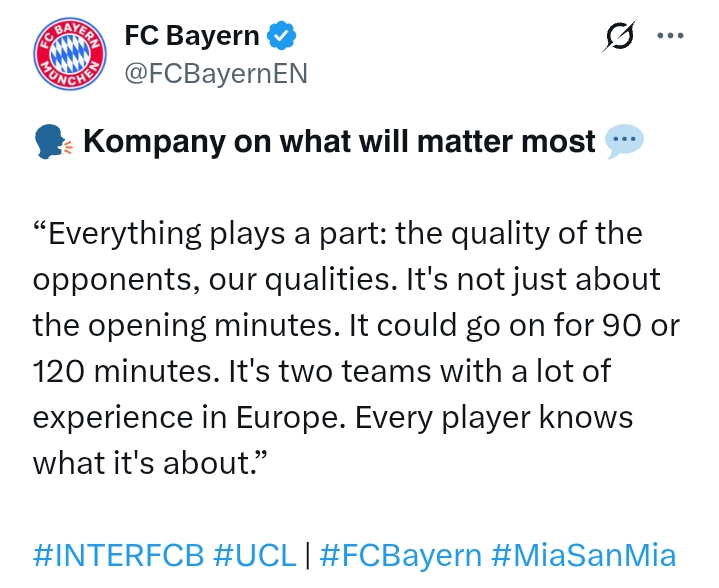 Uefa Champions League 2024/25: Inter V Bayern Munich - 'The most important thing is that we deliver our best performance' - Kompany