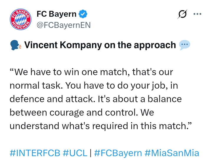 Uefa Champions League 2024/25: Inter V Bayern Munich - 'The most important thing is that we deliver our best performance' - Kompany