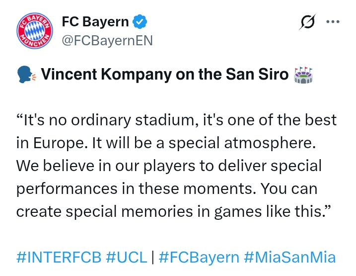 Uefa Champions League 2024/25: Inter V Bayern Munich - 'The most important thing is that we deliver our best performance' - Kompany