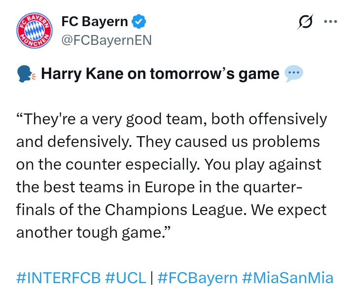 Uefa Champions League 2024/25: Inter V Bayern Munich - 'They're a very good team, we expect another tough game' - Kane