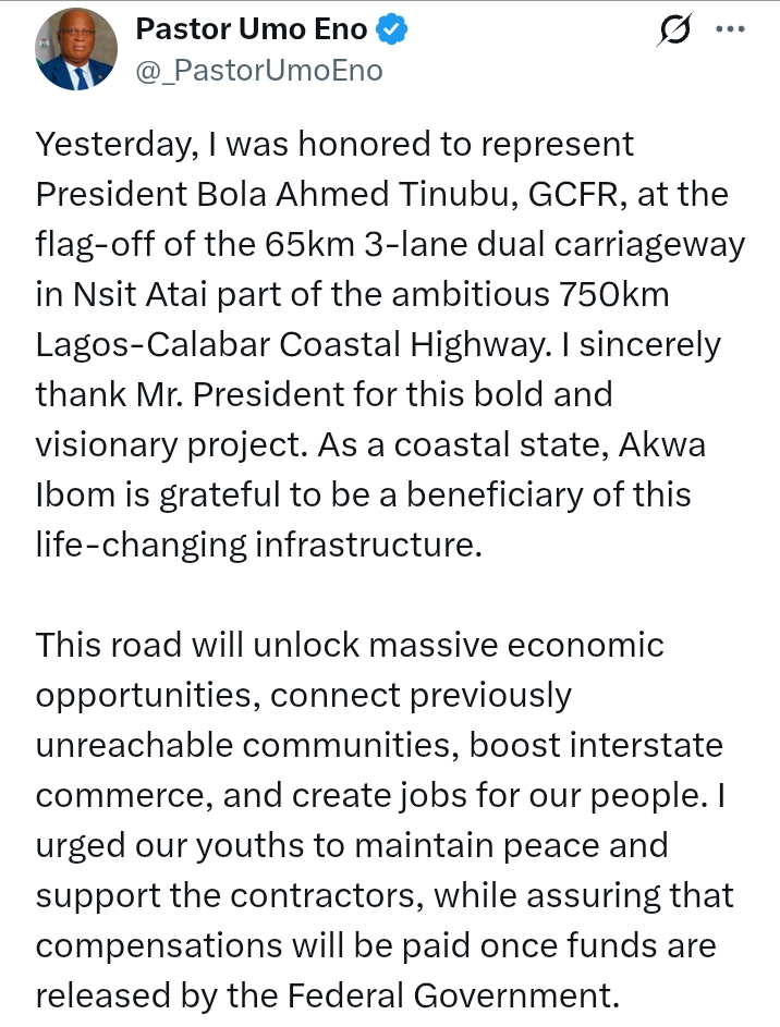Lagos-Calabar Coastal Highway: Governor Eno represents President Tinubu at flag-off of 65km 3-lane dual carriageway in Nsit Atai