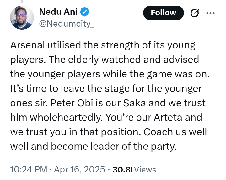 Uefa Champions League 2024/25: Real Madrid 1-2 Arsenal - 'Arsenal just taught us a lesson, Victory is assured when we stand united' - Atiku