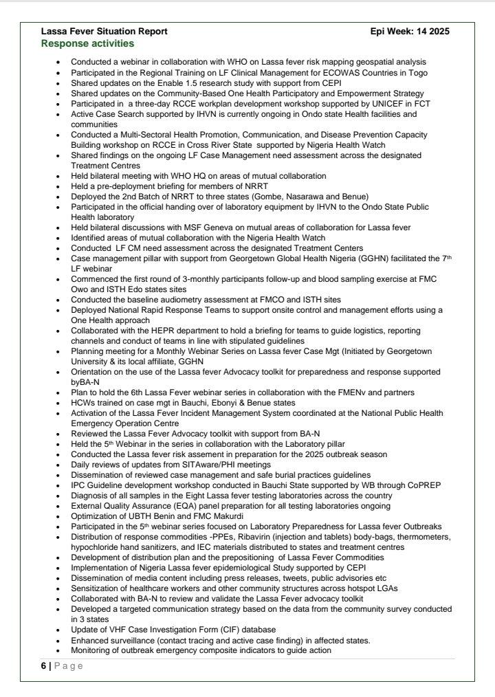 Lassa Fever: Week 14 Situation Report - '15 new confirmed cases, 5 new deaths' - NCDC