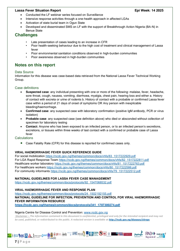Lassa Fever: Week 14 Situation Report - '15 new confirmed cases, 5 new deaths' - NCDC