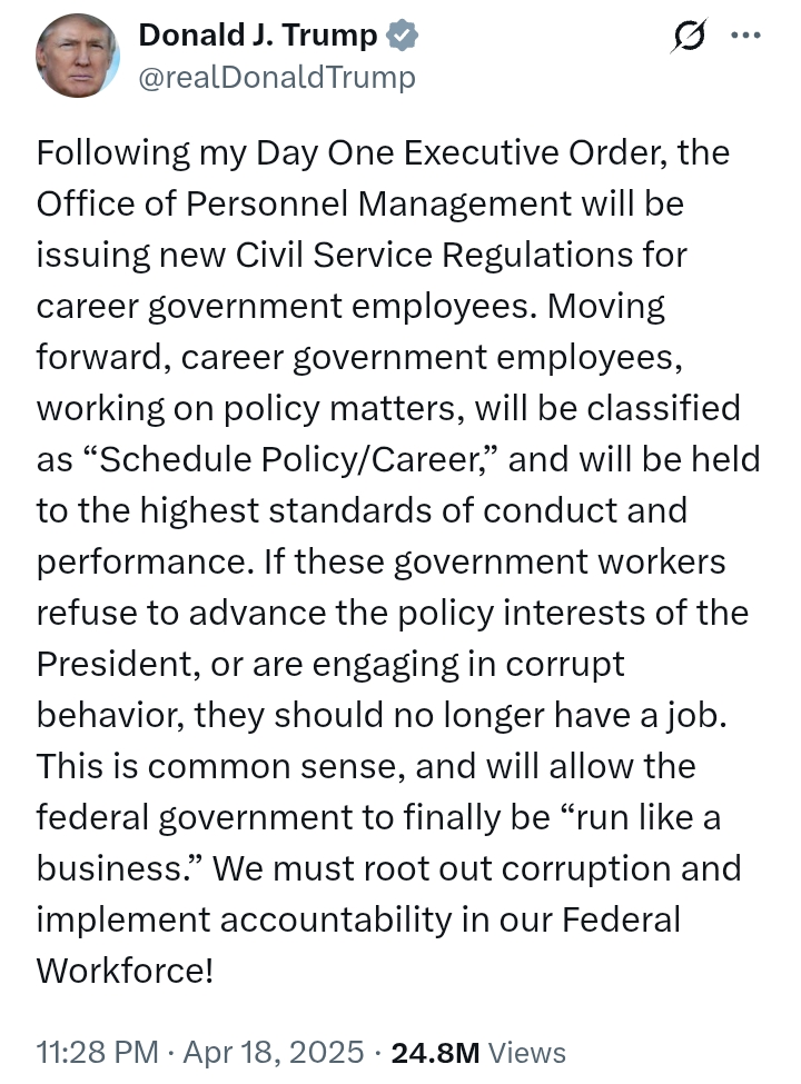 United States: 'Any government worker that refuses to advance the policy interests of the President or engages in corrupt behavior should no longer have a job' - Trump