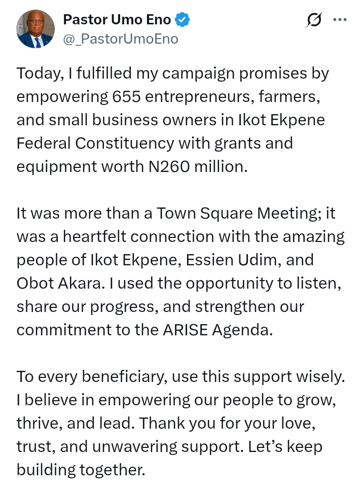 Akwa Ibom State: Governor Eno fulfils campaign promises by 'empowering 655 entrepreneurs, farmers, and small business owners with grants and equipment worth N260 million'