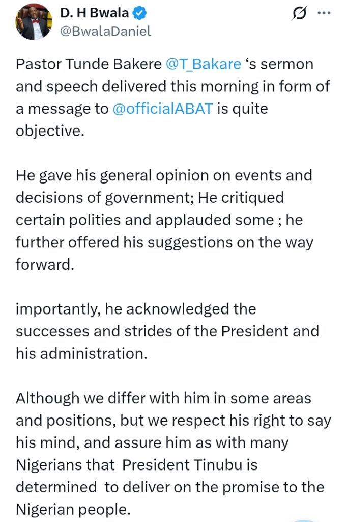 Easter 2025: 'Pastor Tunde Bakare's message to President Tinubu critiqued certain polities and applauded some but we respect his right to say his mind' - Bwala