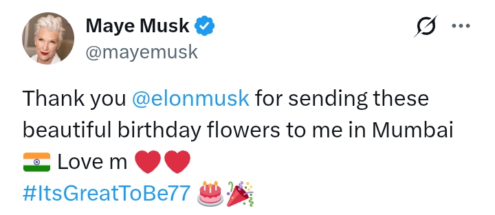 Maye Musk grateful to Elon Musk for birthday flowers