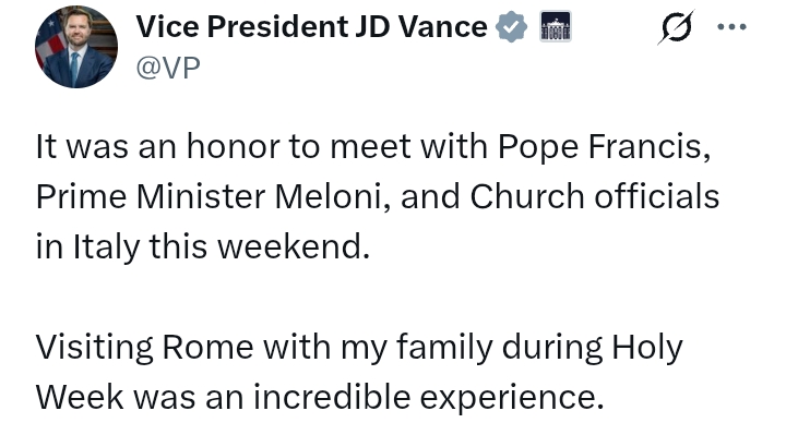 Pope Francis Passes At 88: Photos - 'Honor meeting with the Pope in Rome' - US VP JD Vance