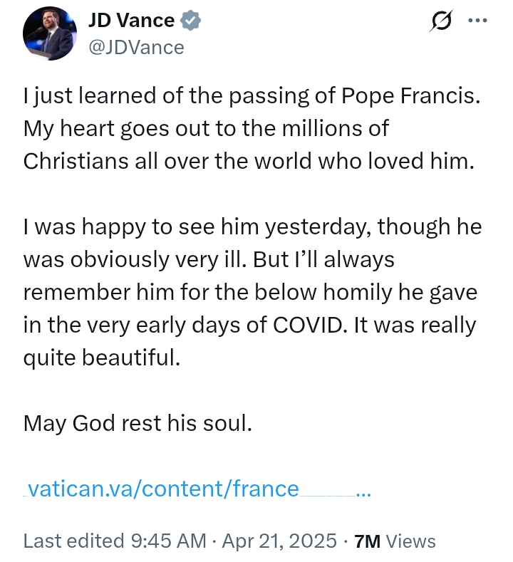 Pope Francis Passes At 88: Photos - 'Honor meeting with the Pope in Rome' - US VP JD Vance
