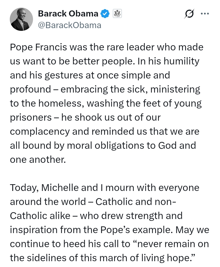 Pope Francis Passes At 88: 'A rare leader who made us want to be better people' - Obama