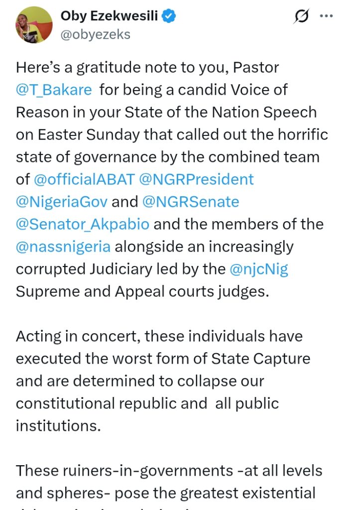 Easter 2025: Ezekwesili thanks Pastor Tunde Bakare 'for being a candid Voice of Reason in his State of the Nation Speech that called out the h*rrific state of governance'