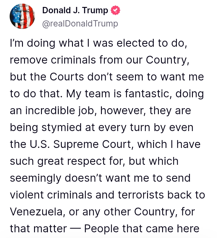 United States: 'I want to remove criminals from our Country, but the Courts don’t seem to want me to do that' - President Trump