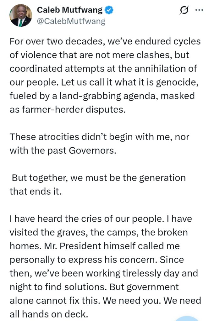 K*llings In Plateau State: 'These atr*cities didn’t begin with me, nor with the past Governors' - Mutfwang