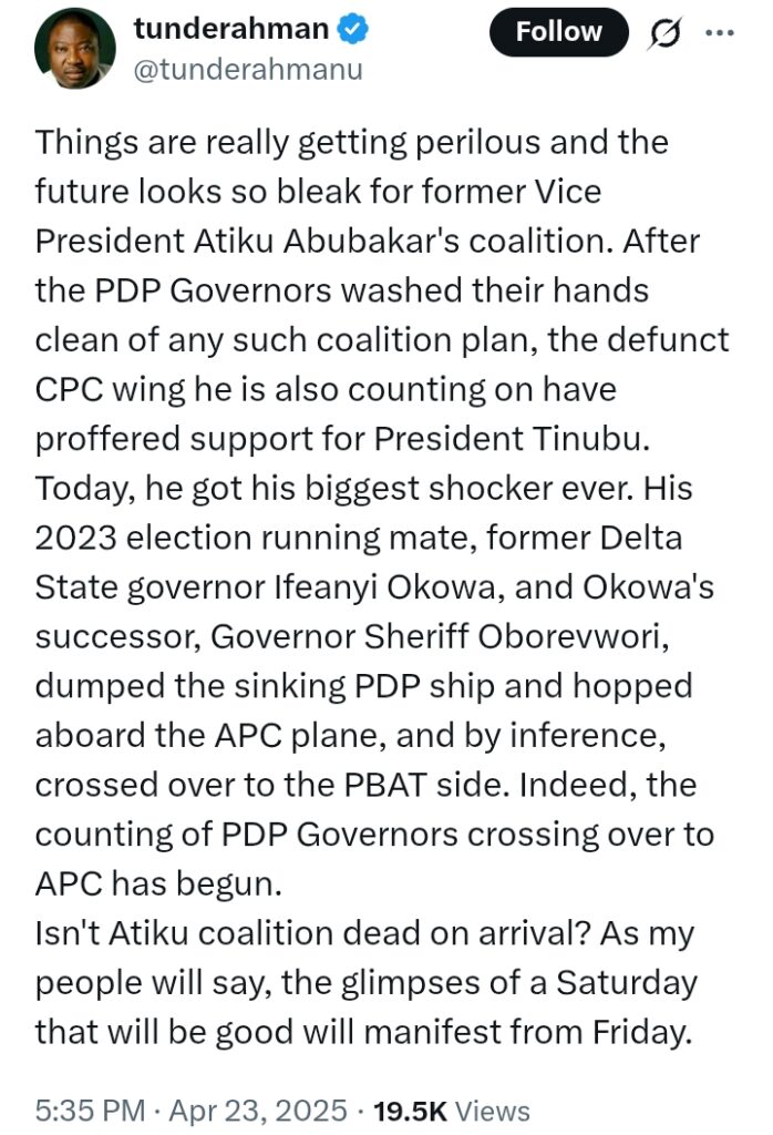 'Atiku’s political future looks bleak' - Convo between X user and Bayo Onanuga