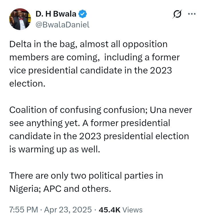 Oborevwori Dumps PDP Joins APC: 'Delta in the bag, only two political parties in Nigeria; APC and others' - Bwala
