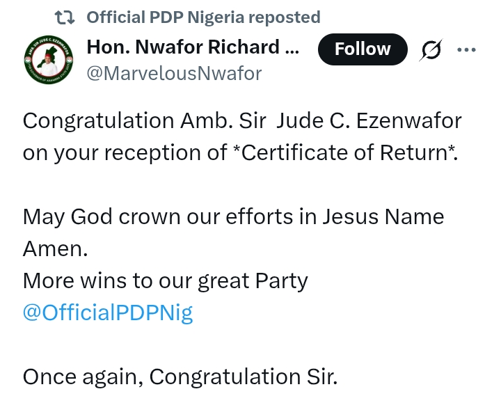 Anambra State Guber 2025: Photos - Presentation of Certificate of Return to PDP candidate, Ezenwafor