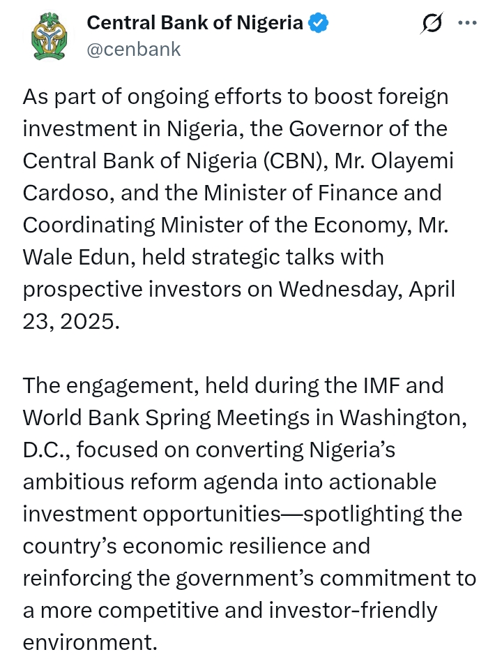 CBN Governor Cardoso hold strategic talks with prospective investors to boost foreign investment in Nigeria