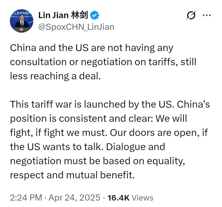 Trump Tariffs: 'China and the US are not having any negotiation on tariffs. China will fight' - Lin Jian