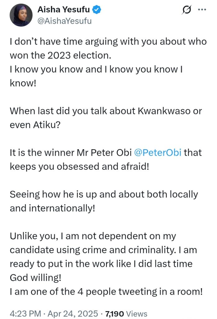 'I don’t have time arguing with you about who won the 2023 election' - Aisha Yesufu
