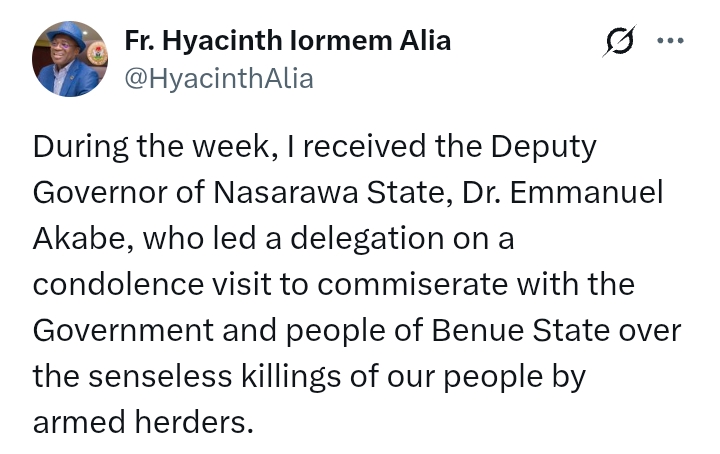 K*llings In Benue State: Governor Alia receives Nasarawa Deputy Governor, Akane, on condolence visit