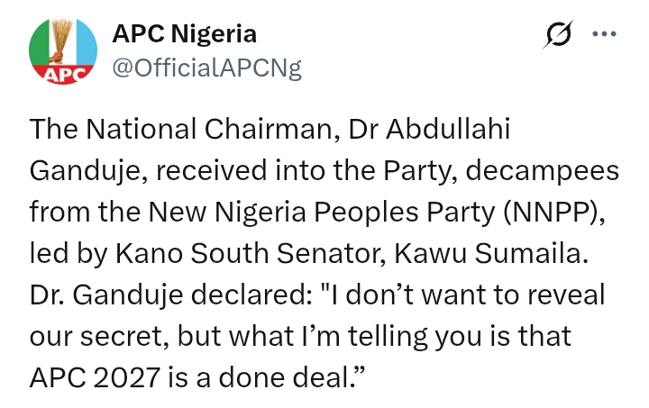 2027 Election: 'APC 2027 is a done deal' - Ganduje boasts as he receives decampees from NNPC