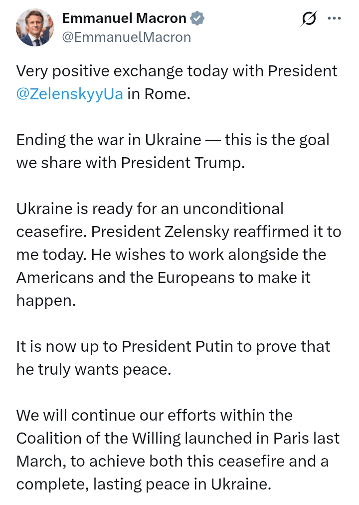 'Zelenskky is ready for peace, it is now up to Putin to prove he truly wants peace' - President Macron