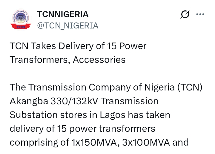 TCN takes delivery of 15 power transformers, accessories
